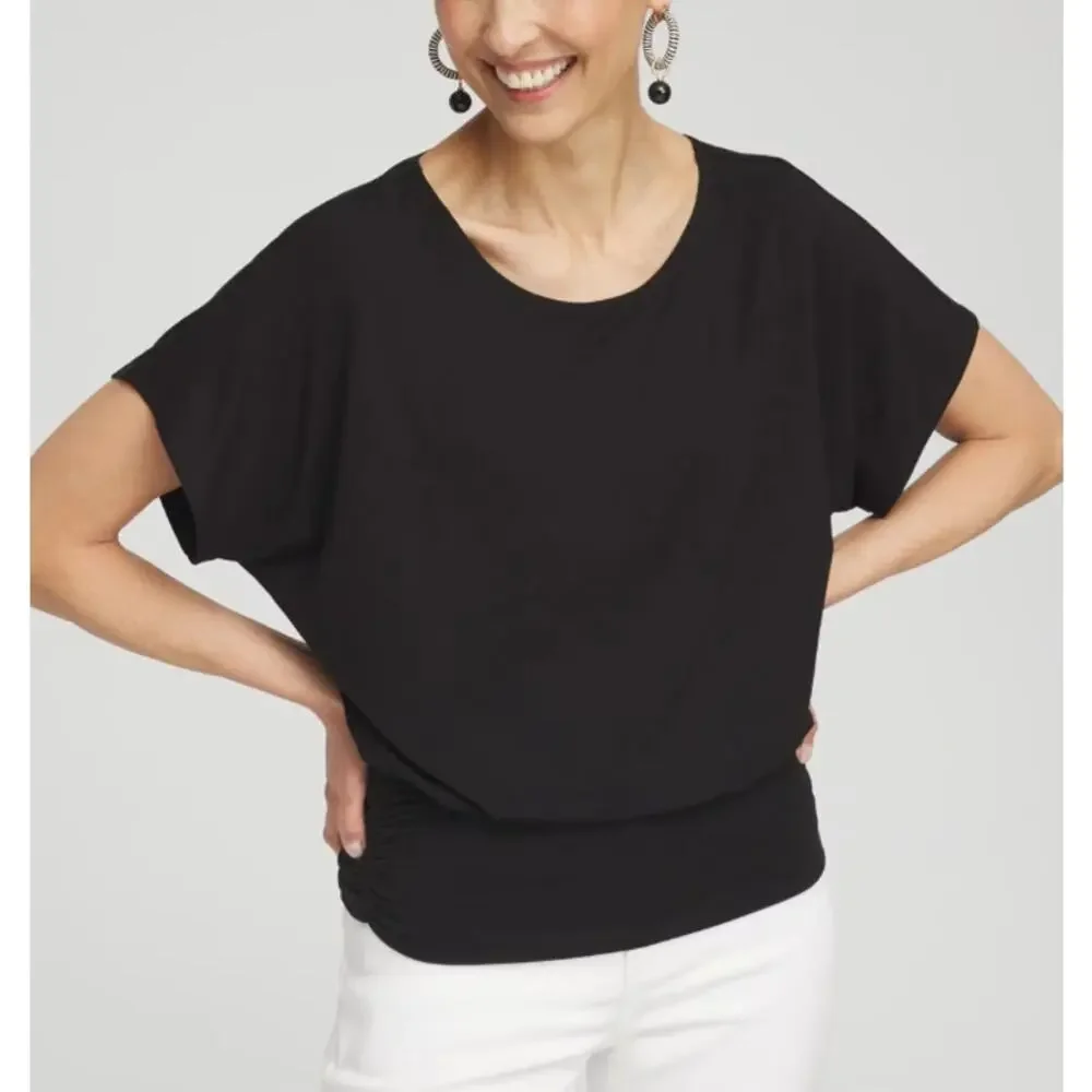 CHICO'S Touch of Cool Ruched Banded Hem Top Dolman Sleeve Black Womens Size L - Picture 1 of 9